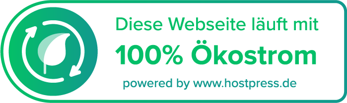 Grünes Öko-Siegel: Diese Website läuft mit 100% Ökostrom, powered by www.hostpress.de