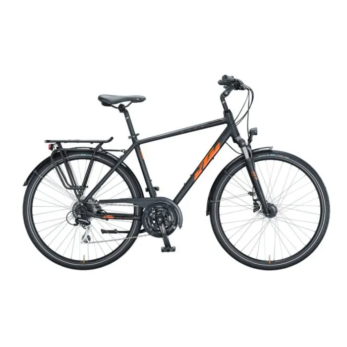 KTM Trekking Fahrrad schwarz-orange, 28 Zoll, Scheibenbremsen, Gepäckträger, Hardtail