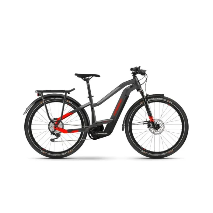 E-Bike Trekking grau-rot, Bosch-Motor, Scheibenbremsen, Gepäckträger, Cityräder