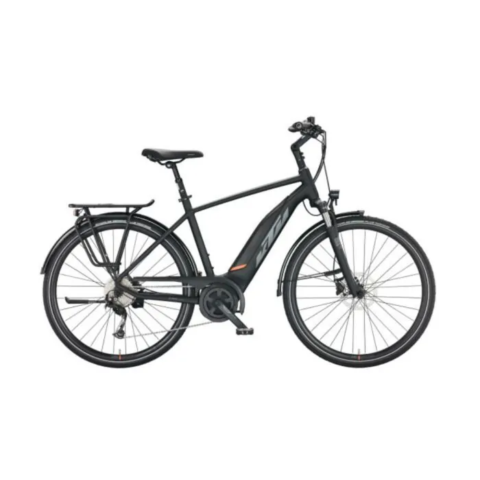 Schwarzes E-Bike mit Gepäckträger und Scheibenbremsen auf weißem Hintergrund