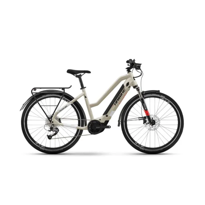 E-Bike Haibike Trekking in beige mit Gepäckträger, Scheibenbremsen und Federgabel, seitliche Ansicht