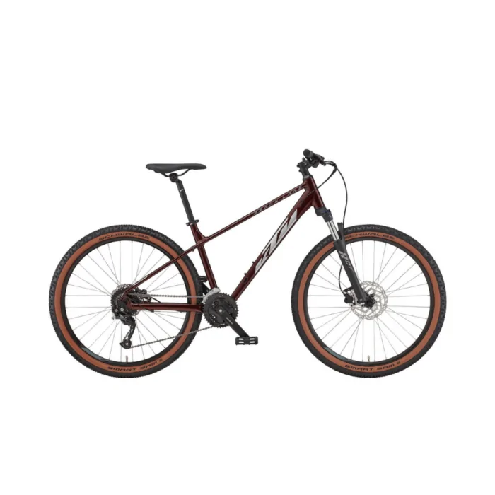 KTM MTB Mountainbike in Dunkelrot mit Scheibenbremsen und Gummireifen auf weißem Hintergrund