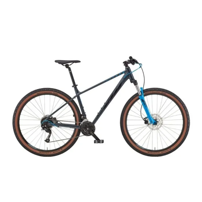Mountainbike in grau-blau mit Schwalbe-Reifen und Scheibenbremsen vor weißem Hintergrund