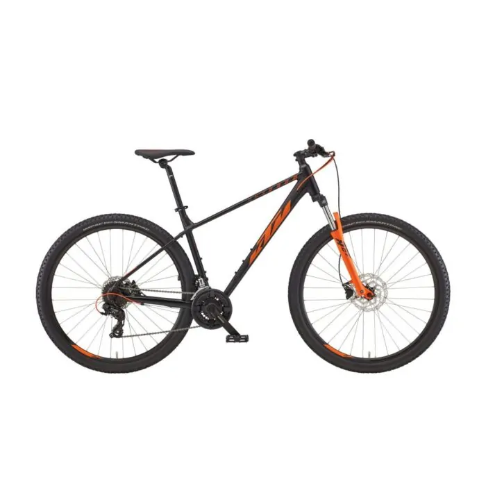 Schwarzes Mountainbike mit orangefarbenen Akzenten, Scheibenbremsen und Mountainbike-Profil