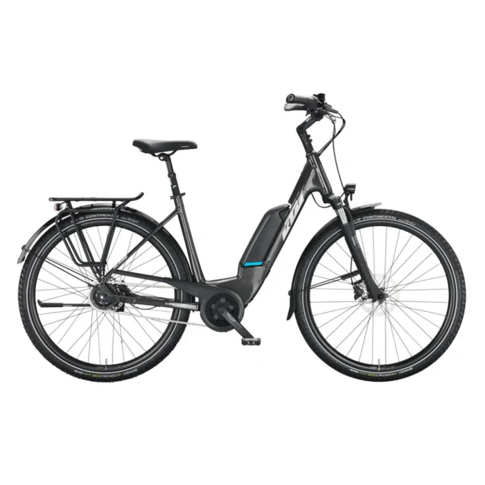 Graues E-Bike mit Komfortsattel, Gepäckträger und Elektroantrieb auf weißem Hintergrund