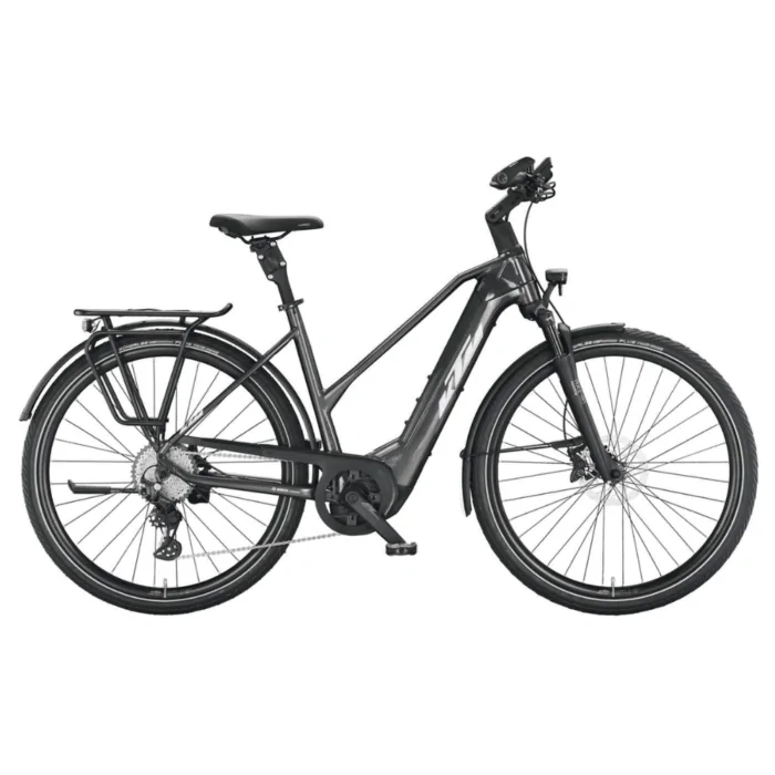 E-Bike KTM Macina Style in grau, Trekking-Modell mit Gepäckträger und Scheibenbremsen