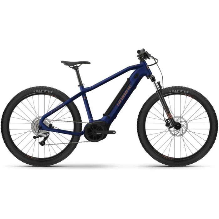 Blaues Haibike E-Mountainbike mit Elektroantrieb, Hardtail-Rahmen, Scheibenbremsen und Geländereifen