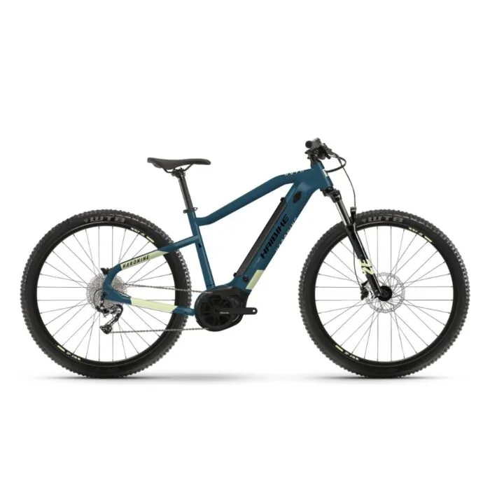 Petrol-blauer Haibike SDURO HardSeven e-Mountainbike mit Elektroantrieb und Offroad-Reifen