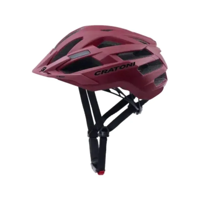 Rotbeere Cratoni Fahrradhelm mit schwarzen Trägern und belüfteten Öffnungen für Sicherheit und Komfort