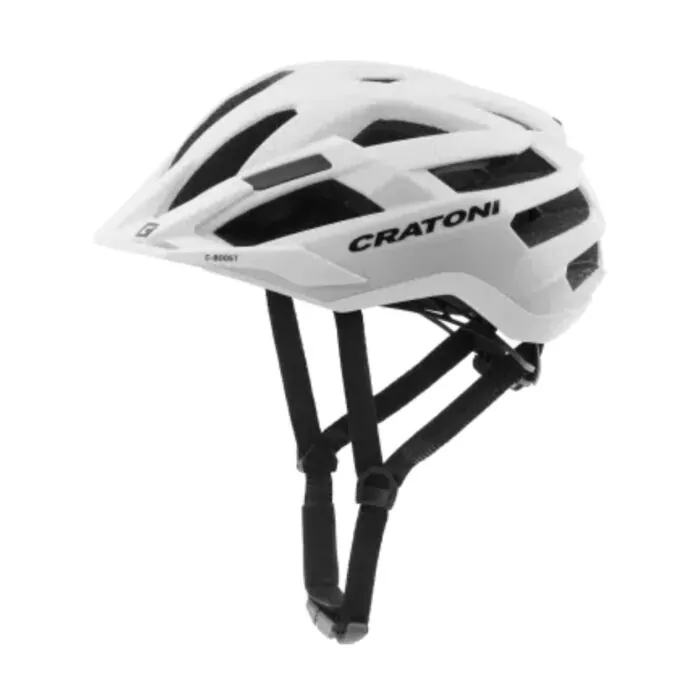 Weißer Cratoni Fahrradhelm mit schwarzen Lüftungsöffnungen und verstellbaren Trägern