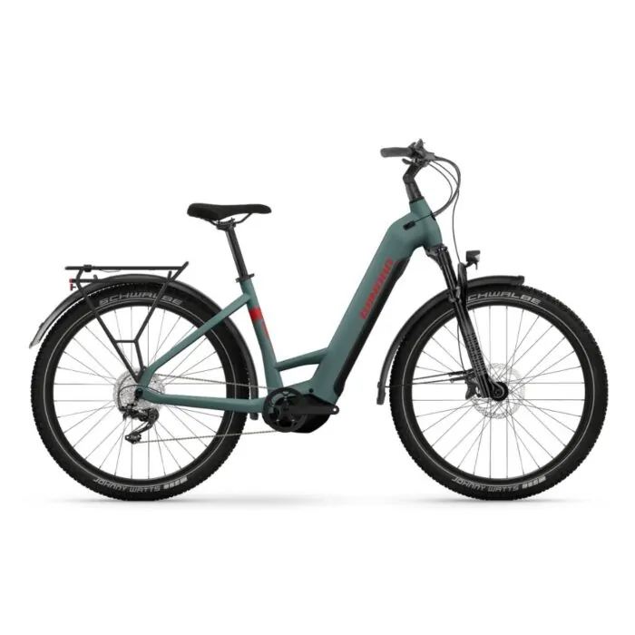 E-Bike in Petrol mit Tiefeinstieg, Gepäckträger und Scheibenbremsen, Schwalbe-Reifen