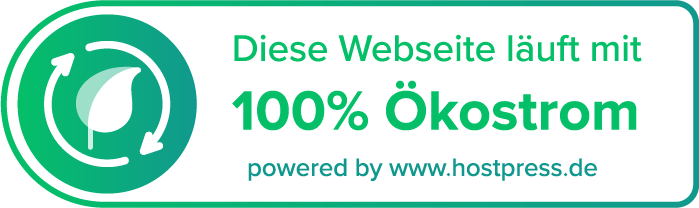 Grünes Öko-Siegel: Diese Website läuft mit 100% Ökostrom, powered by www.hostpress.de