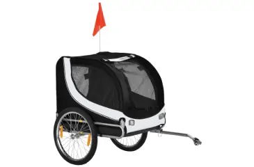 Fahrradanhänger für Hunde, schwarz-weiß, mit roter Flagge, Transportbox für Haustiere mit Metallrahmen