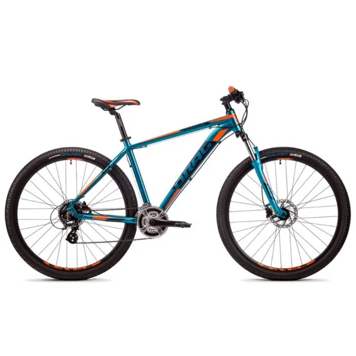 Mountainbike in Petrol-Orange mit Scheibenbremsen und Shimano-Schaltung vor weißem Hintergrund