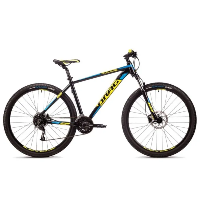 Schwarzes Mountainbike von Drag mit blauen und gelben Akzenten, Scheibenbremsen, Hardtail-Rahmen