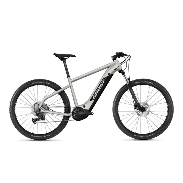 E-Bike Ghost Hardtail MTB in silber-schwarz, Schwalbe-Reifen, Deore-Komponenten, Fully-Optik