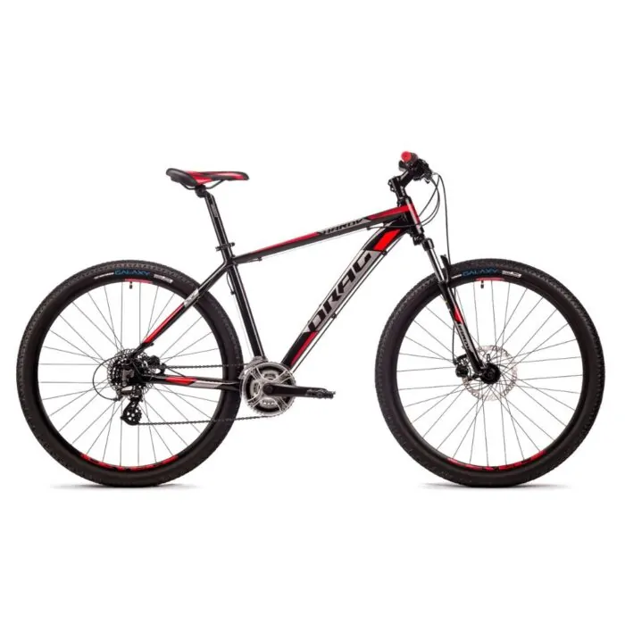 Schwarzes Mountainbike mit roten Akzenten, Scheibenbremsen und Federgabel vor weißem Hintergrund