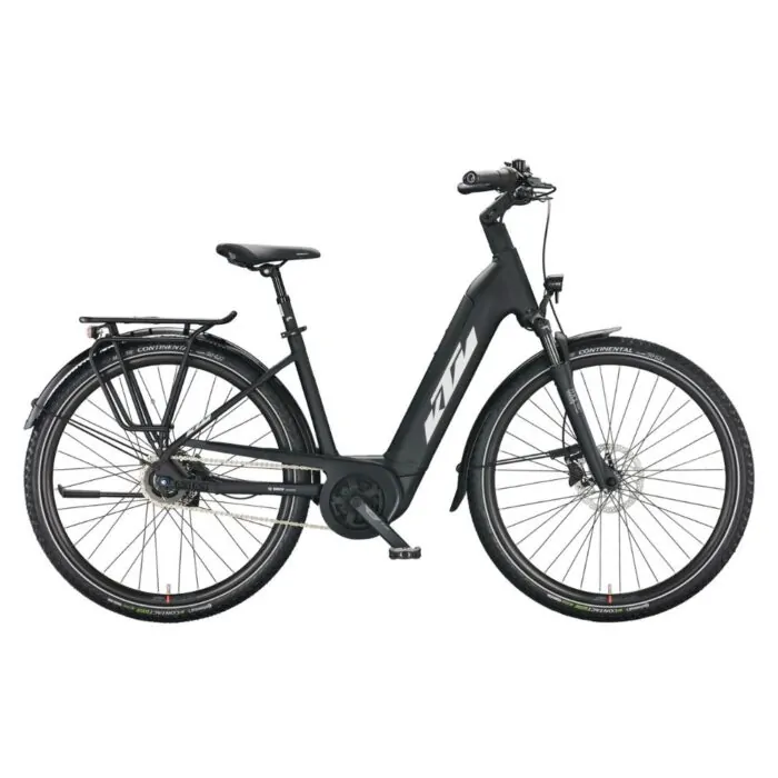 Schwarzes KTM E-Bike mit Nabenschaltung, Gepäckträger und Continental-Reifen, seitliche Ansicht