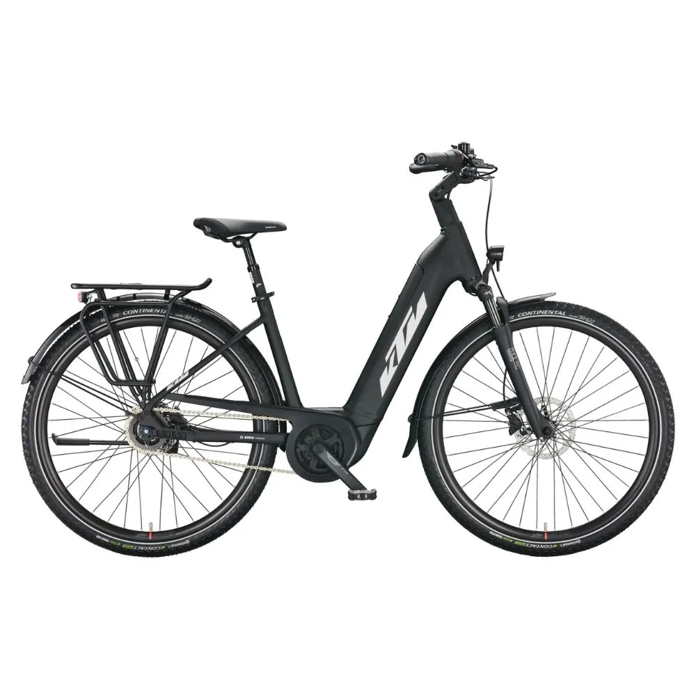 Schwarzes KTM E-Bike mit Nabenschaltung, Gepäckträger und Continental-Reifen, seitliche Ansicht