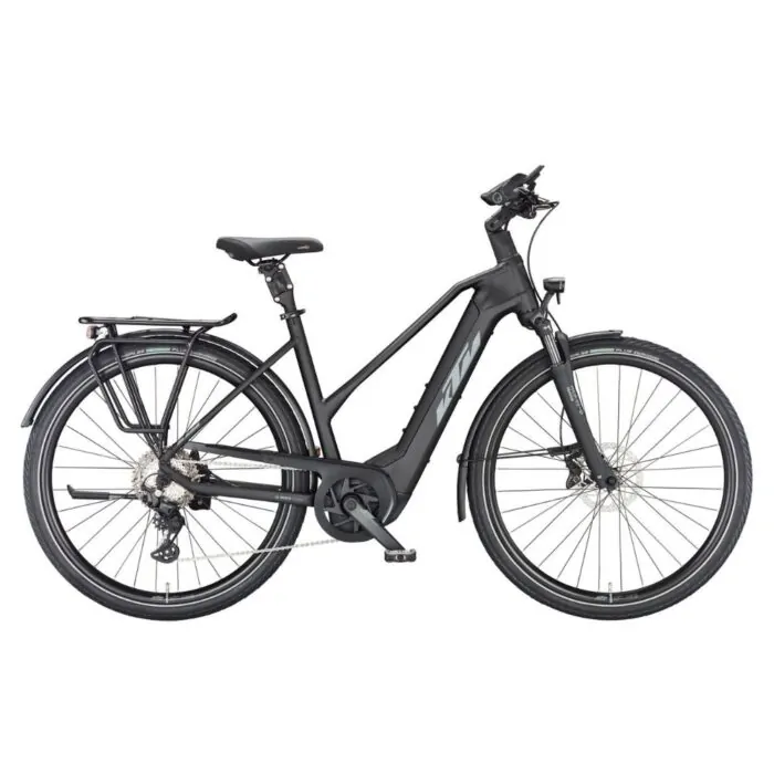 Schwarzes KTM E-Bike Trekking Damenrahmen mit Gepäckträger und Federgabel auf weißem Hintergrund