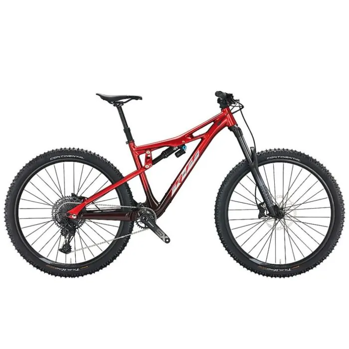 Rot-schwarzes Mountainbike mit Vollfederung und Continental-Reifen vor weißem Hintergrund