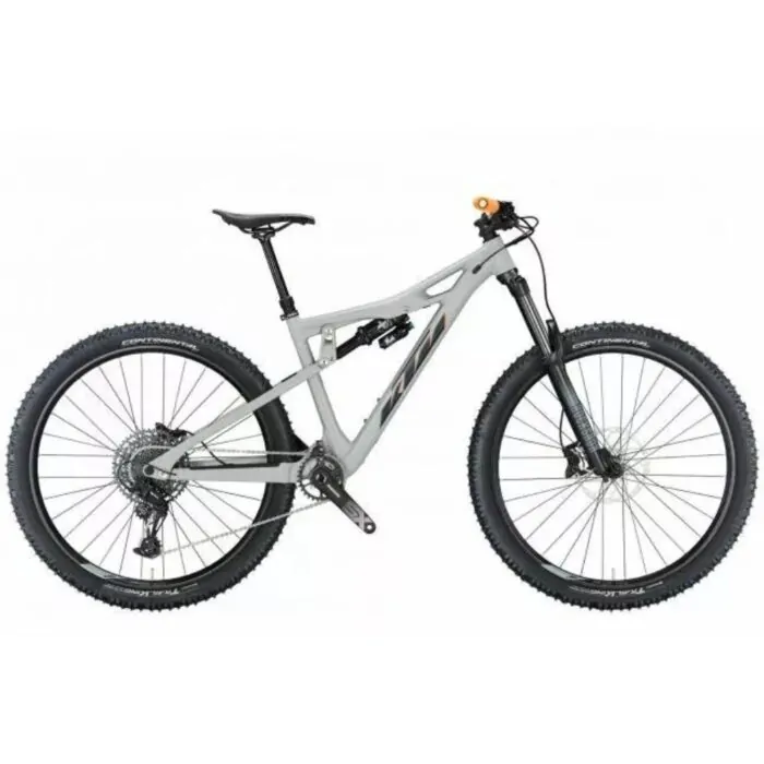 Graues Mountainbike mit Vollfederung, schwarzen Reifen und Scheibenbremsen vor weißem Hintergrund
