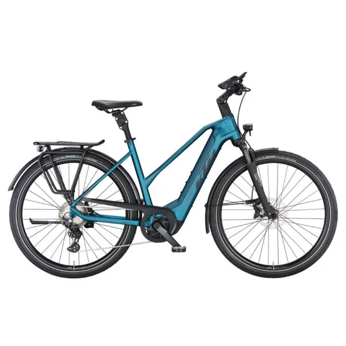 E-Bike in Petrol-Blau, Trekking-Stil, Trapezrahmen mit Gepäckträger und Nabenschaltung