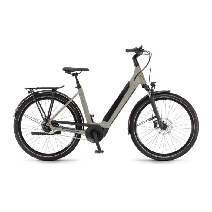 Winora E-Bike in Grau-Schwarz mit Gepäckträger, Scheibenbremsen und Cityrädern für urbane Mobilität