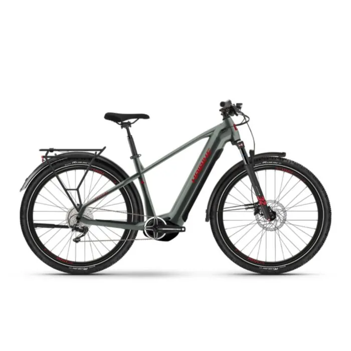 Haibike HARDNINE 7 E-Bike in grau-grün, Trekking-Stil mit Gepäckträger und Scheibenbremsen