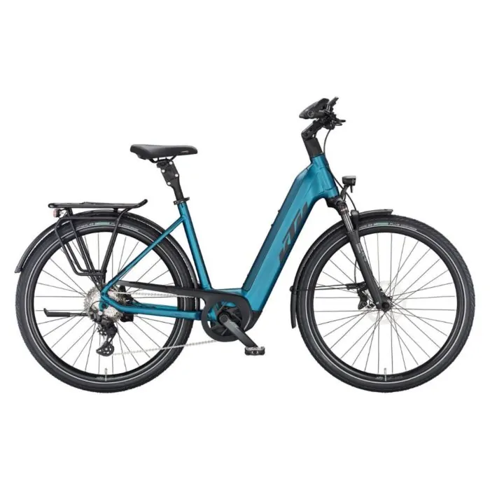 E-Bike in blau-schwarz mit Gepäckträger, Schutzblechen und Nabenschaltung, Seitenansicht