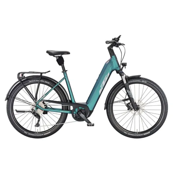 KTM E-Bike Macina City in petrol-blau, Trekking-Elektrofahrrad mit Gepäckträger und Federgabel