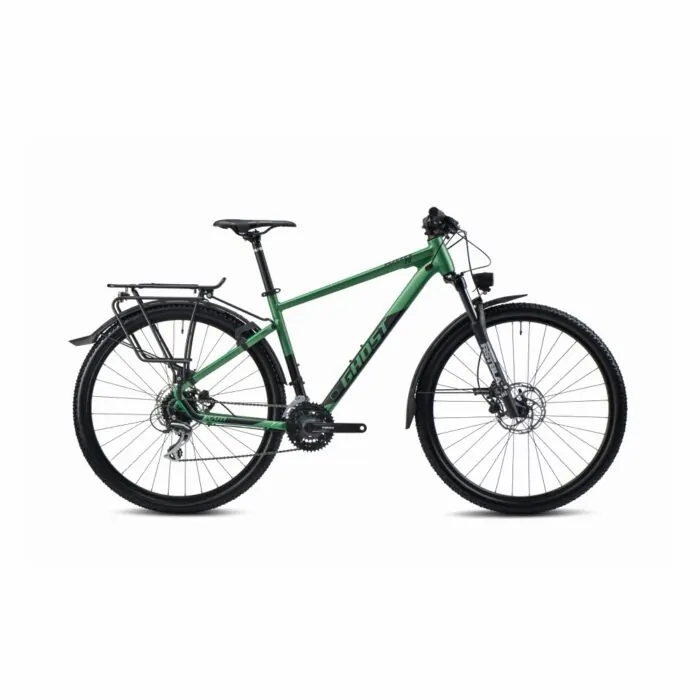 Ghost Mountainbike in mattem Grün mit Gepäckträger und Scheibenbremsen auf weißem Hintergrund