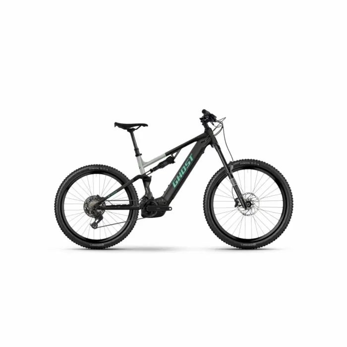 Schwarzes E-Mountainbike mit grünen Akzenten